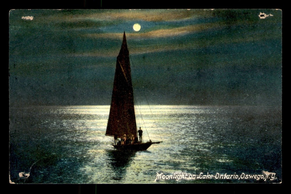 Moonlight On Lake Ontario Oswego New York NY Sailboat People Unp Postcard