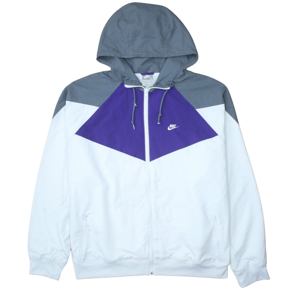 Nike Mens Windbreaker Jacket Grey Purple Full Zip Hooded Geometric Logo L