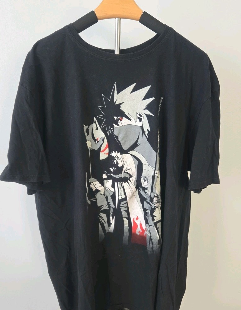 Naruto Shippuden Kakashi Anime Graphic T Shirt Mens 2XL Black Manga Tee Cotton