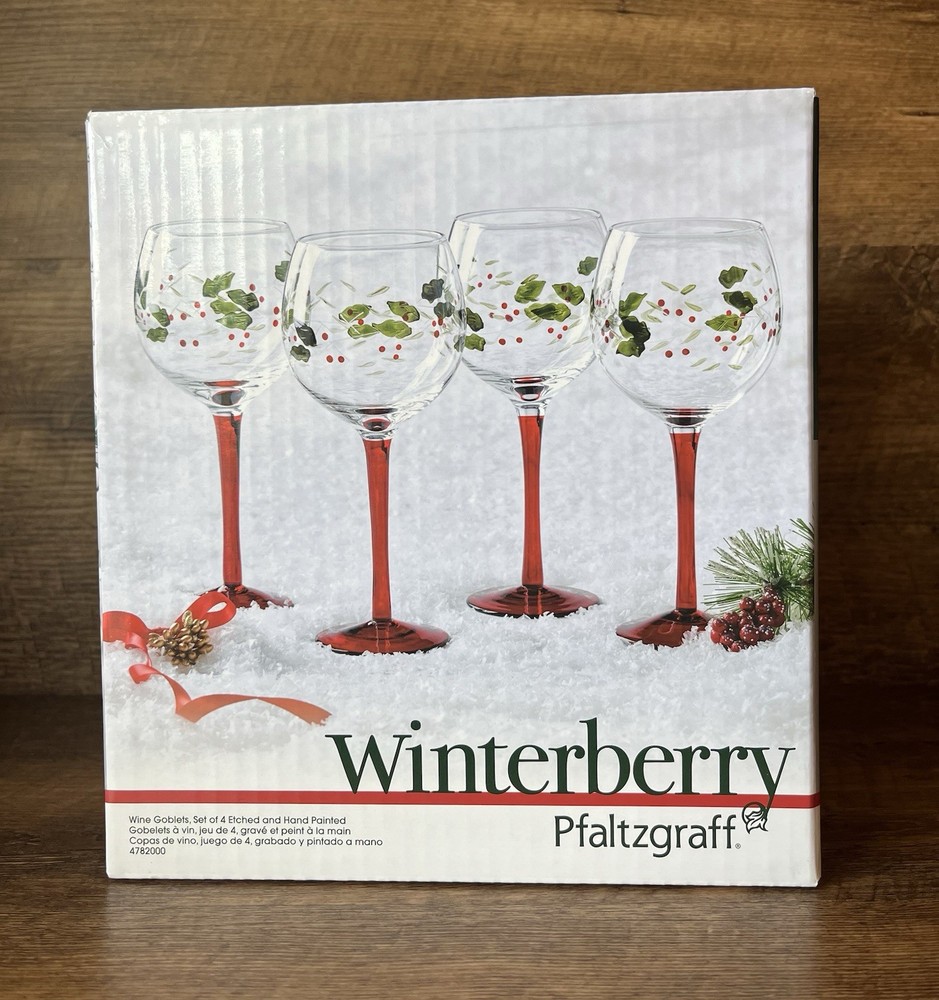 WINTERBERRY Pfaltzgraff Wine Glasses Goblets Etched & Hand Painted New in Box