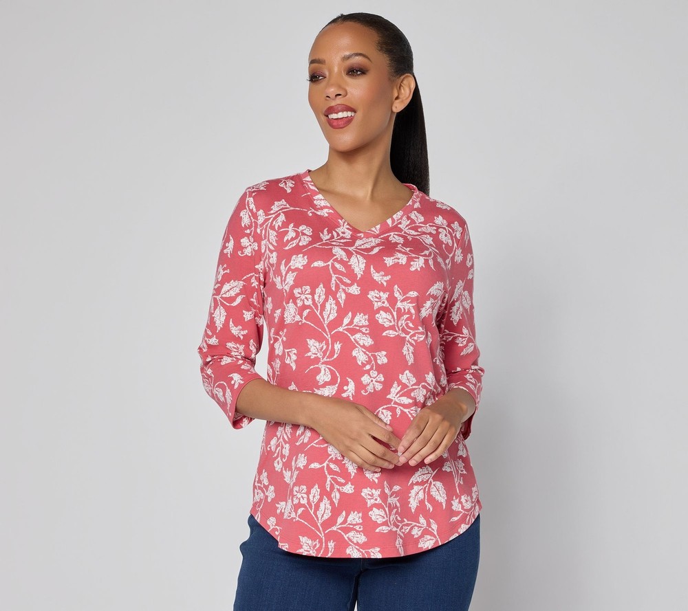 Denim & Co. Women's Top Sz L Printed Sleeve V-neck Multi-colored A274350