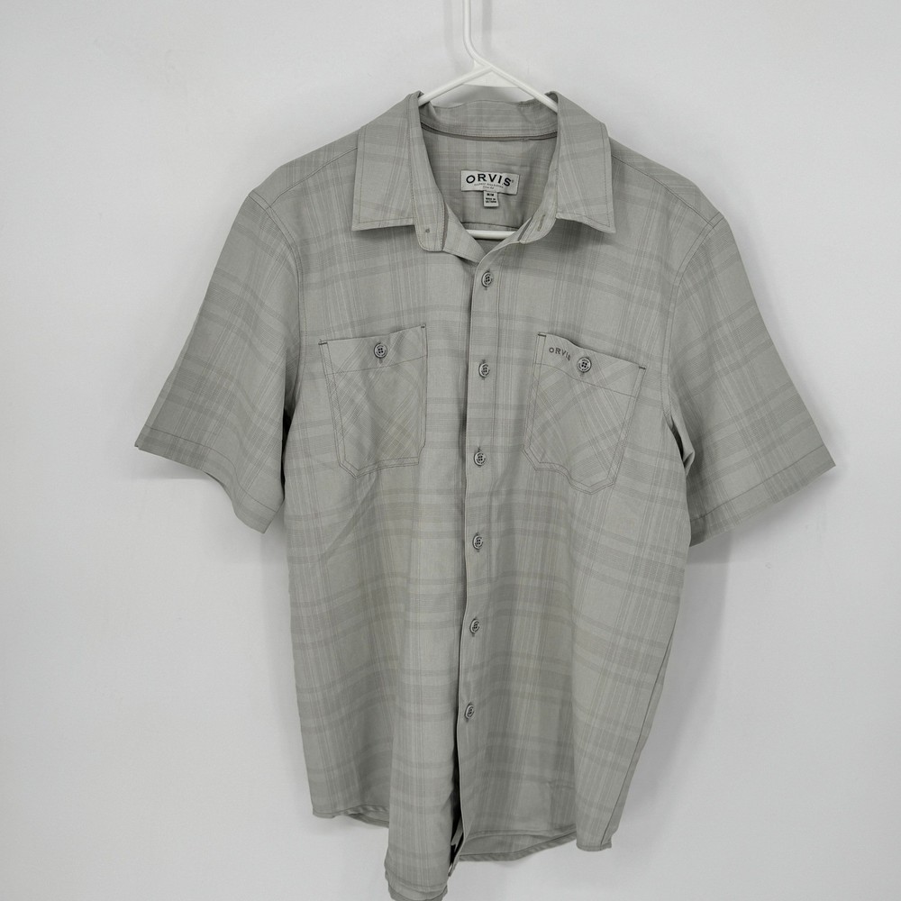 Orvis Mens Grey Plaid Short Sleeve Button Down Shirt Classic Collection Medium