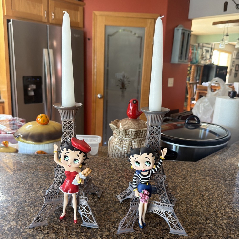 -NEW unused- Betty Boop Eiffel Tower Candle Holders Set of 2 Danbury