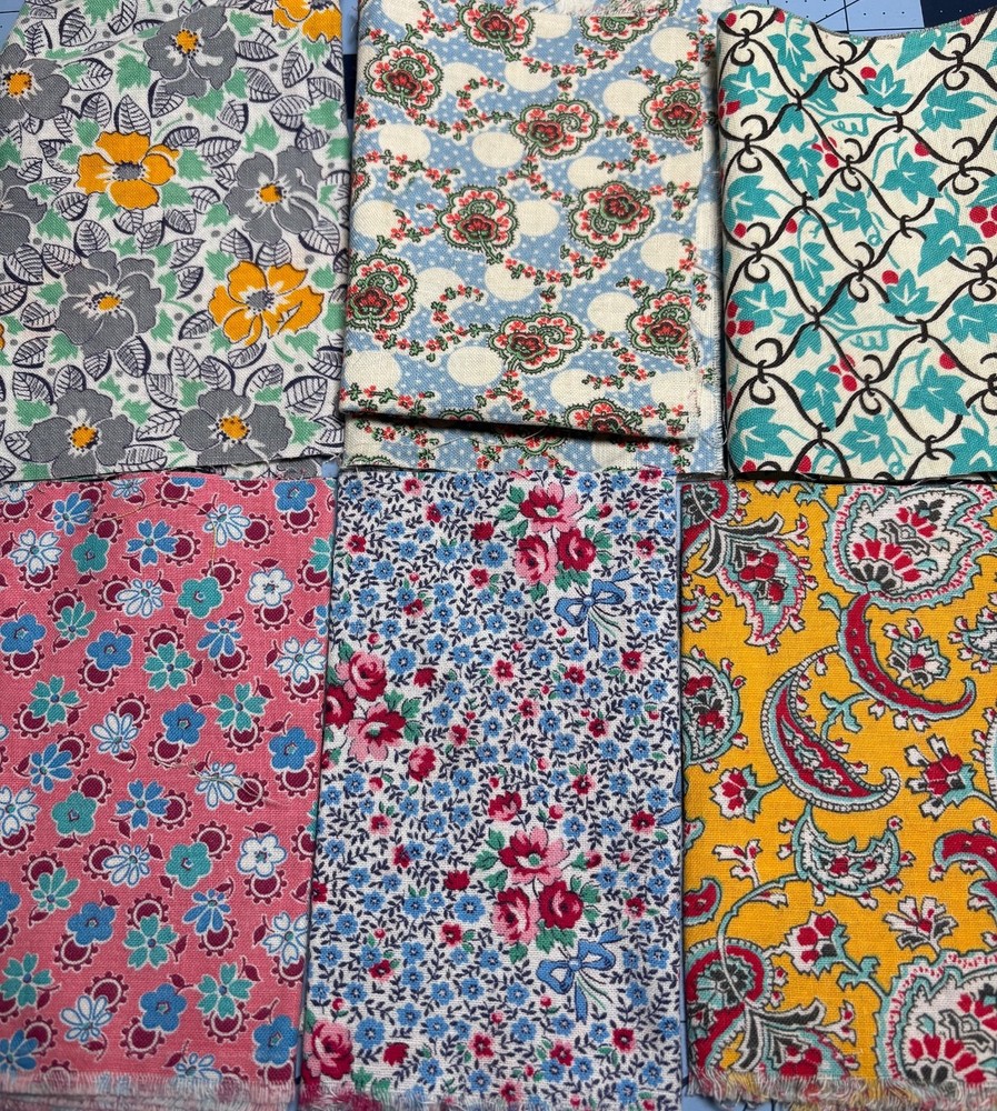 Vintage Cotton 1940s 6 Feedsack Fabric Prints 1/2 Sack Equivalent