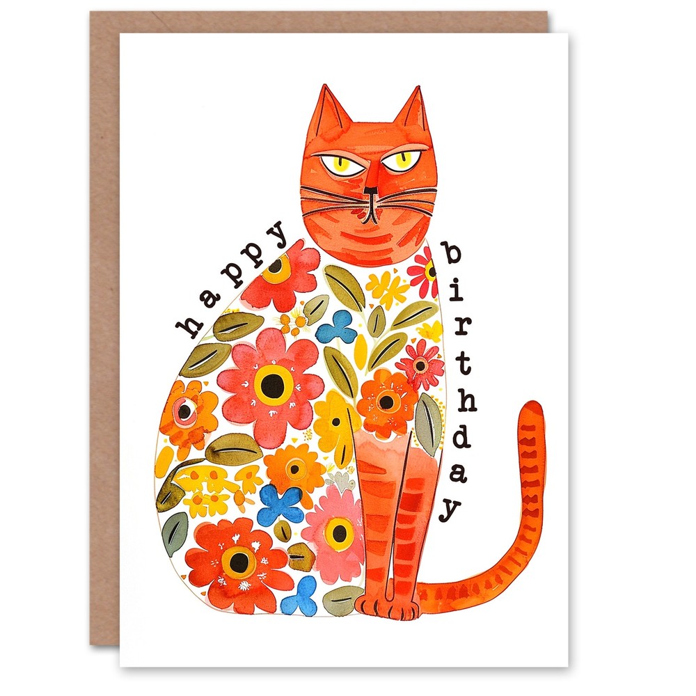 Ginger Cat Lover Floral Fur Coat Tabby Folk Art Birthday Card