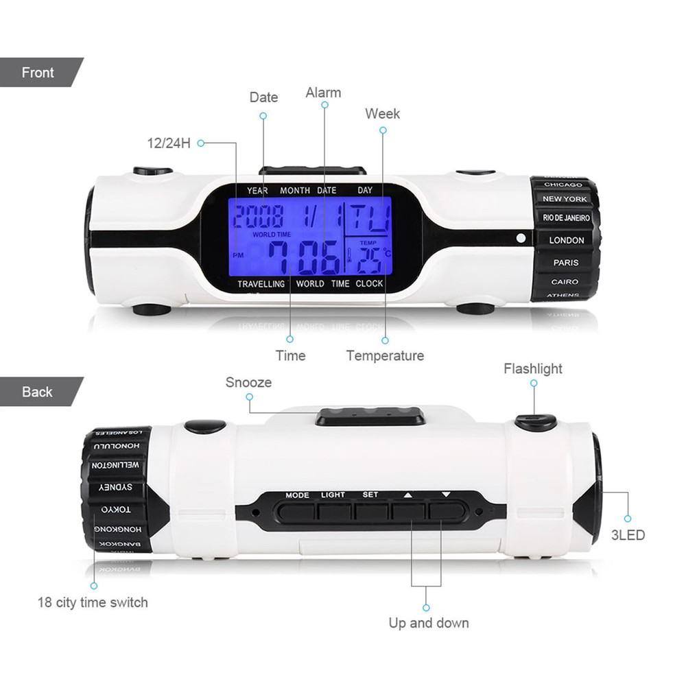 LED Flashlight Digital Alarm Clock with World Time, Thermometer for Outdoor Use