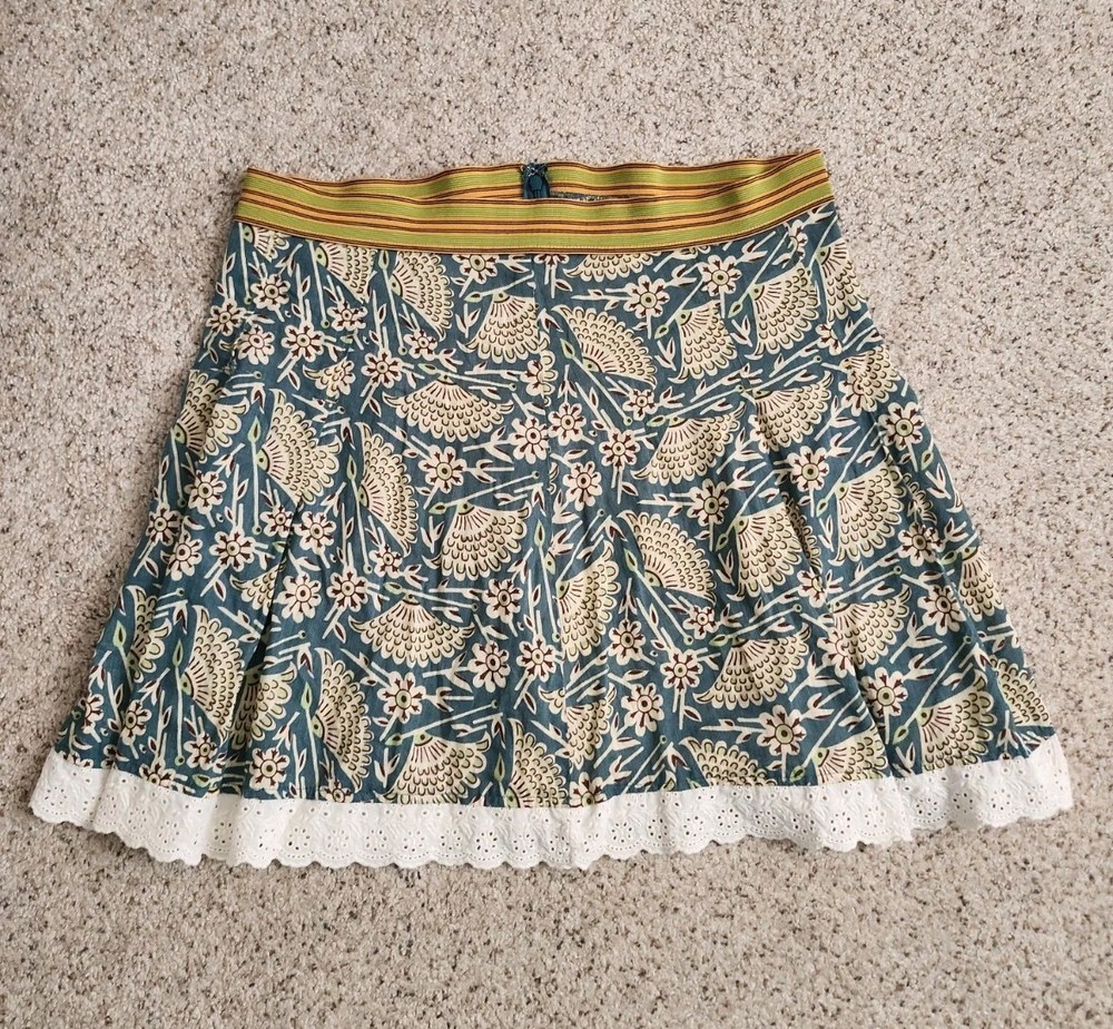 Free People Vintage Y2k Bohemian Style Blue With Cream Floral Skirt Size 4