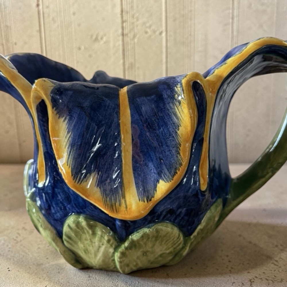 VTG ITALIAN HANDMADE POTTERY IRIS  PITCHER MAJOLICA STYLE COBALT BLUE YELLOW