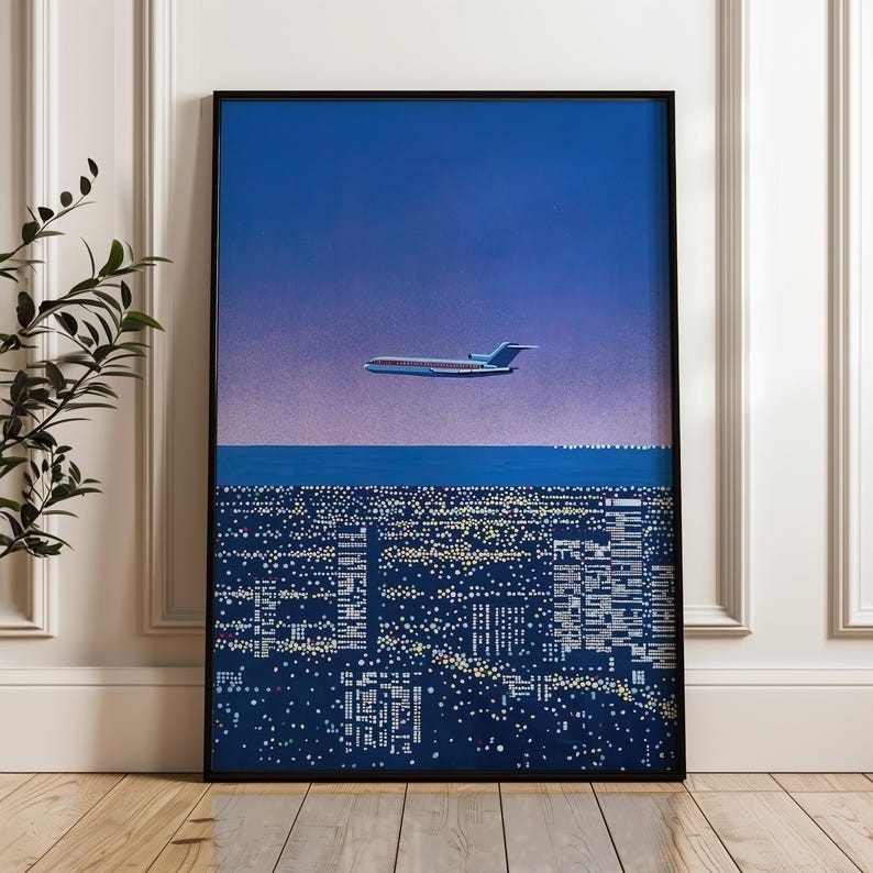 Airplane Flying Over Cityscape, Hiroshi Nagai Wall Art Japanese City Pop Poster