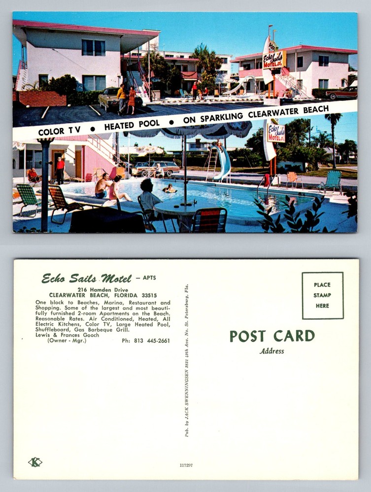 Clearwater Beach, FL-Florida, Echo Sails Motel Apartments Pool Vintage Postcard