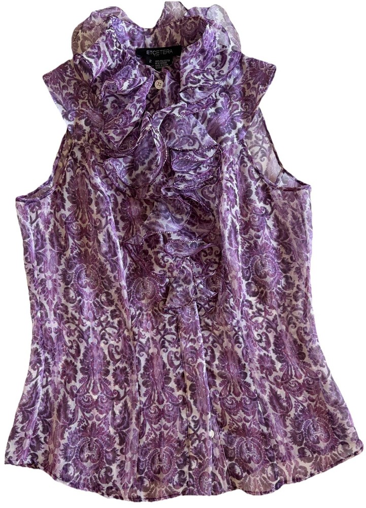 Etcetera Purple Paisley Layering Top W Ruffles Sleeveless Sheer Blouse Boho Sz 2