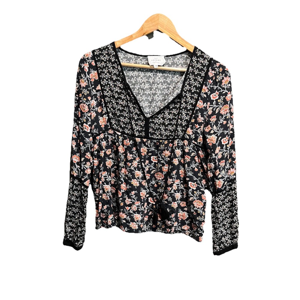 Sezane by Morgane Sezalory Black Floral Boho Long Sleeve Women's Top Size 36