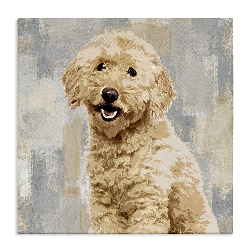 Smiling Labradoodle Dog Patchwork Grey Beige Pattern Canvas Wall Art, 17x17, ...