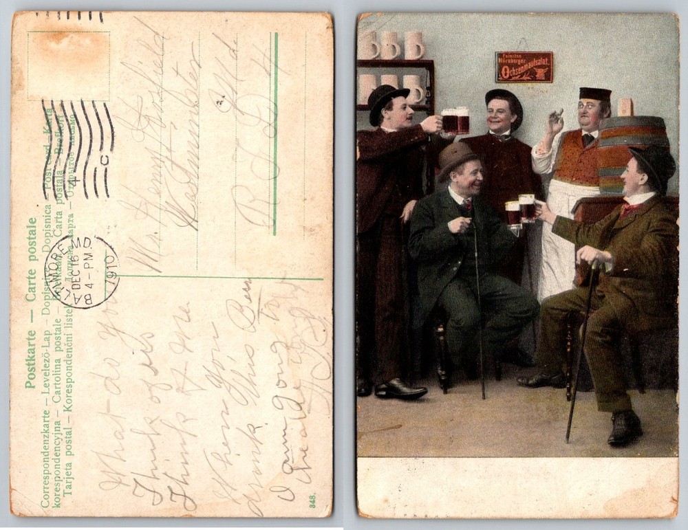 1910 Nuremberg German Pub Beer Hall Men Drinking Postcard