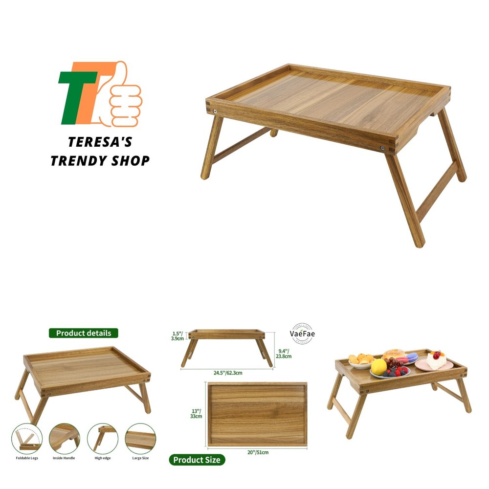 Acacia Wood Breakfast Bed Tray with Folding Legs for Laptop or Meals-image