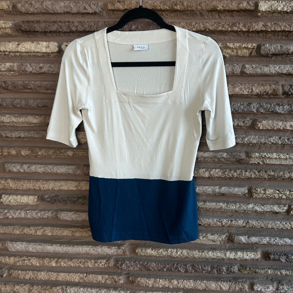 Akris Punto Top Ivory Deep Teal Colorblock Stretch Knit Square Neck Tee Size 6