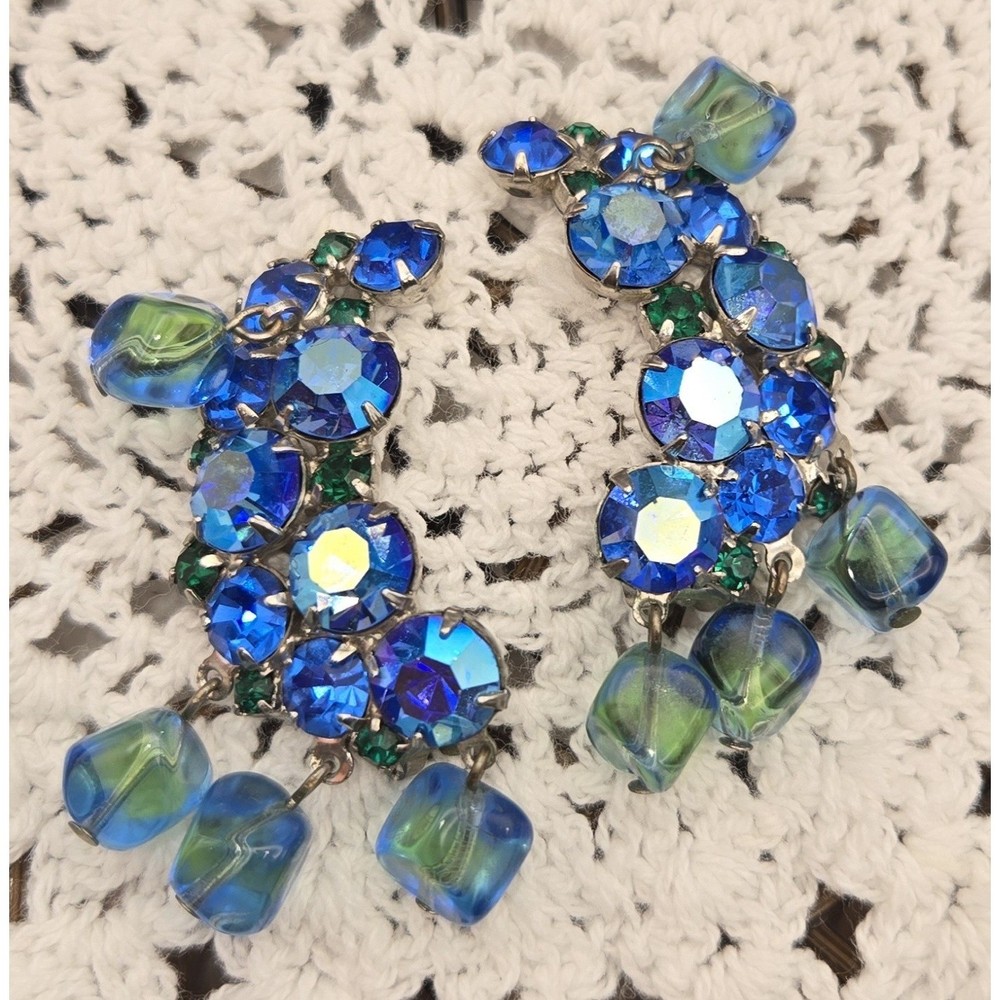 Vintage Clip-on's Juliana Iridescent Blue Glass Rhinestones Dangle Earrings