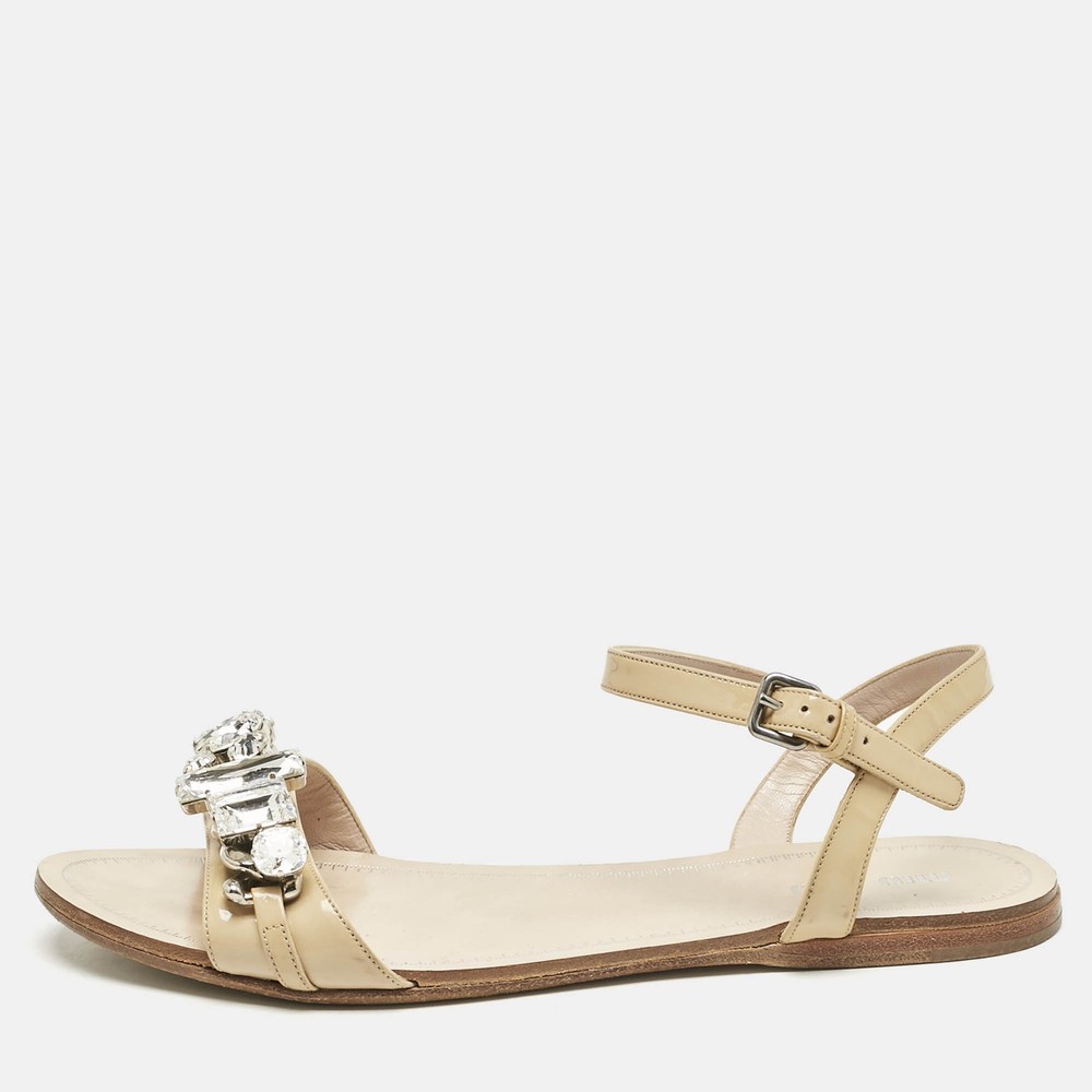 Miu Miu Beige Patent Leather Cipraia Crystal Ankle Strap Flat Sandals Size 37.5