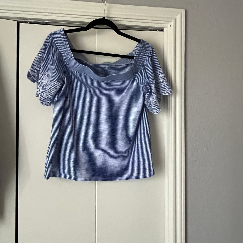LOFT Blue Striped Off-Shoulder Top with Eyelet Lace Sleeves Size M