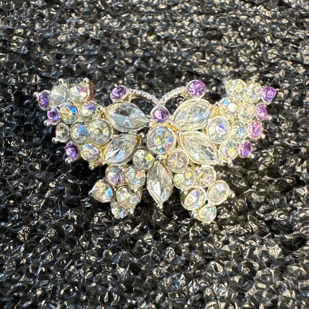 Vintage AB Rhinestone Floral Leaf Brooch Purple Clear Crystal Silver Tone Pin