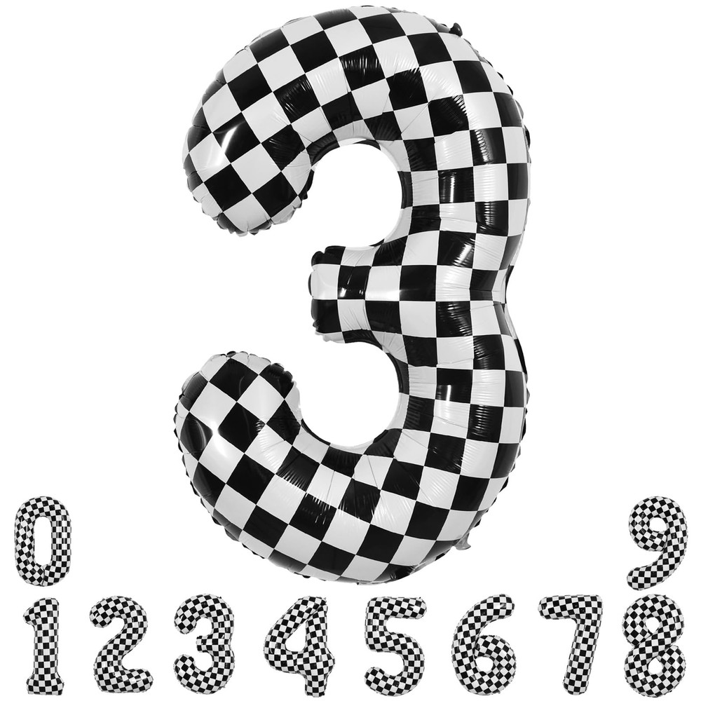 40 Inch Checkered Number 3 Balloon 3rd Race Car Birthday Party Supplies Black...