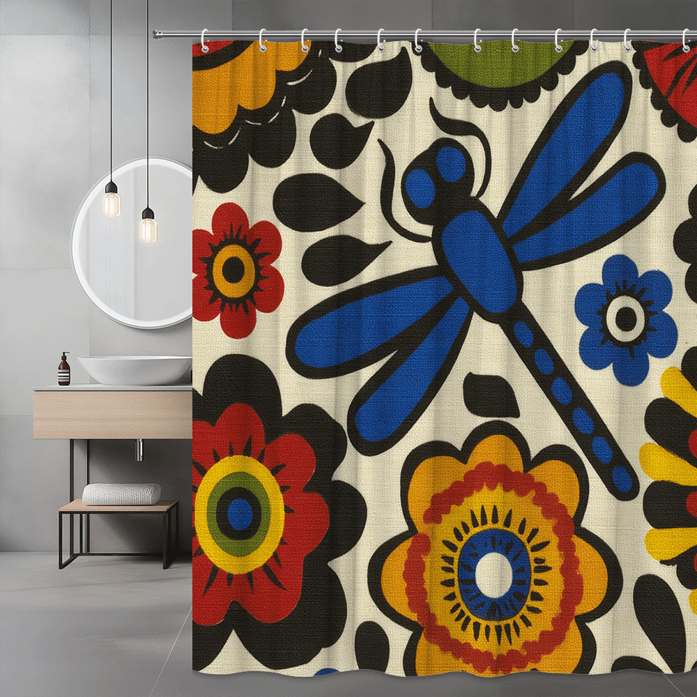 Boho Floral Dragonfly Shower Curtain, Colorful Flower Print