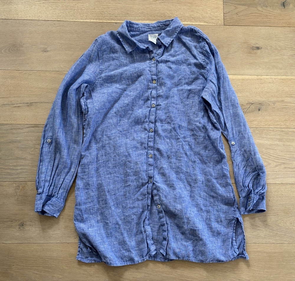 Sigrid Olsen 100% breezy linen tunic top roll up sleeves beach casual - Large