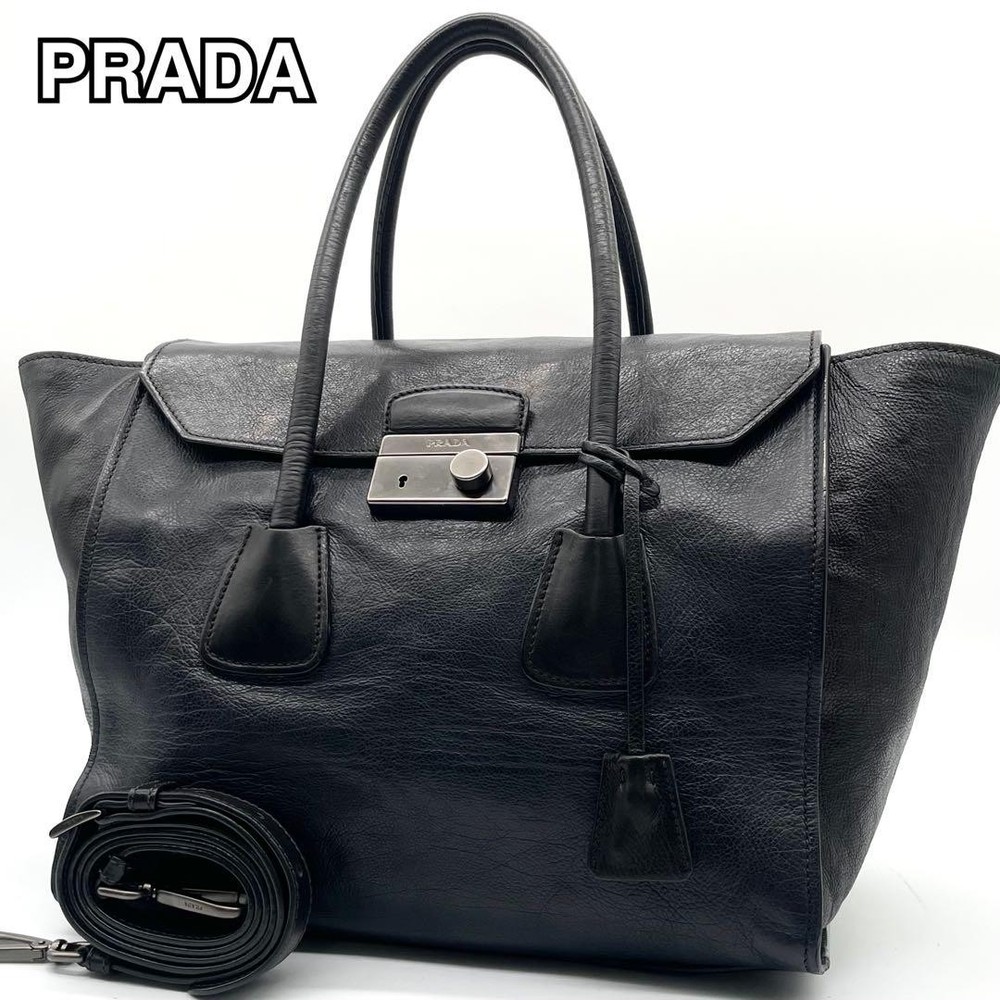 Prada 2-Way Calf Leather Handbag with Triangular Logo in Black Navy