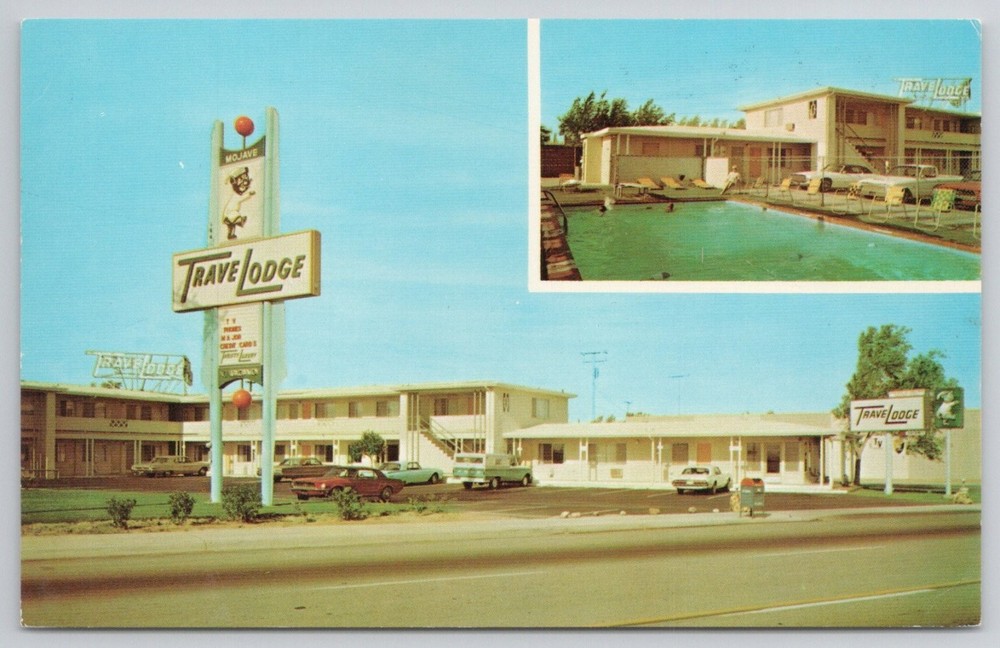 Vintage TraveLodge Mojave California Postcard Motel Pool Sleepy Bear Sign