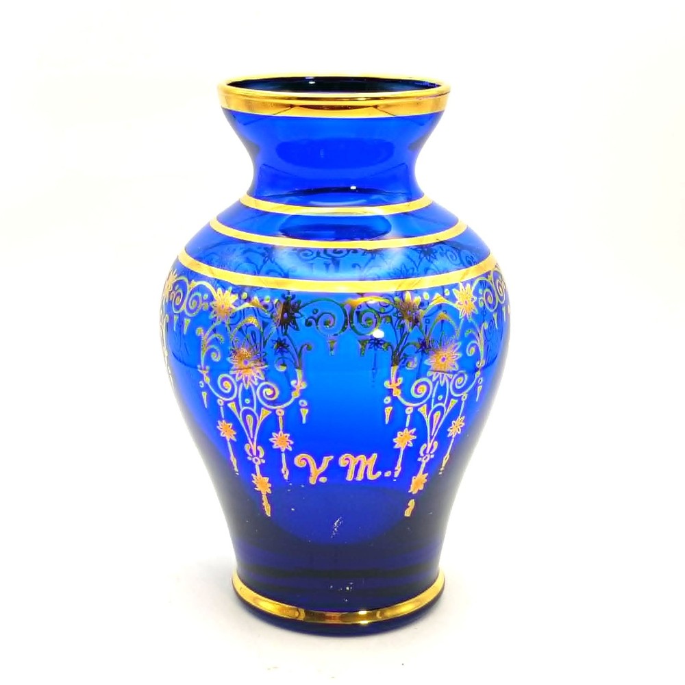Vecchia Murano Italy Art Glass Cobalt Blue Vase Gold Vintage Hand Blown