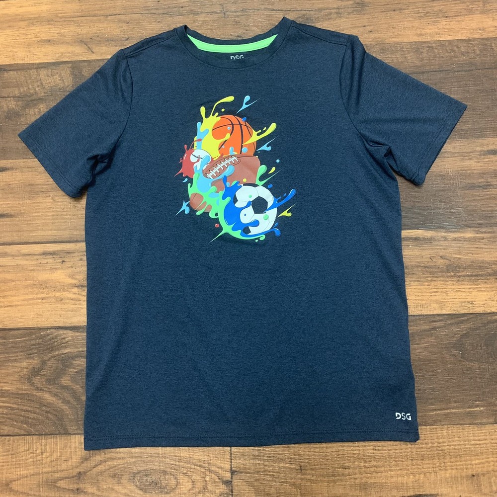 Youth DSG Athletic Short Sleeve Graphic Balls T Shirt Size L (14/16) Blue