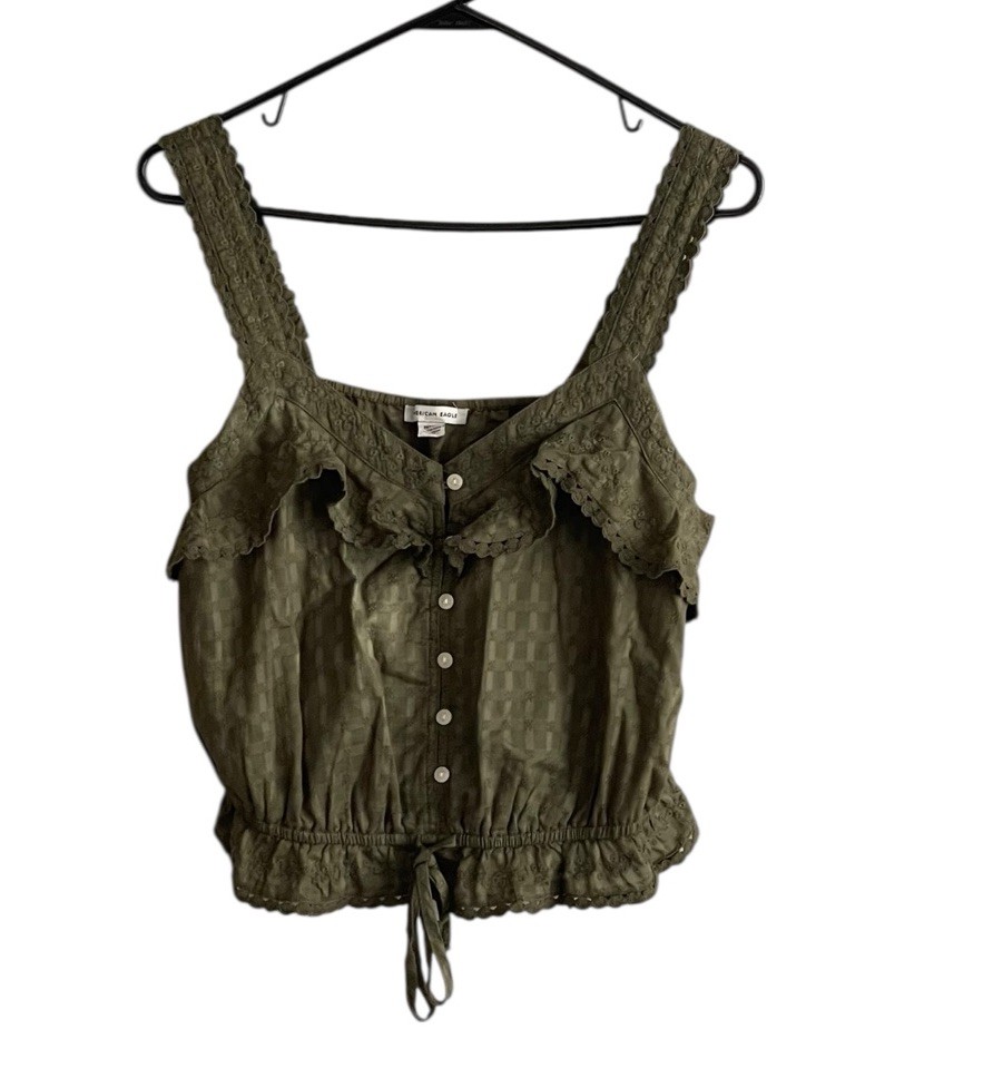 American Eagle Outfitters Olive Green Button Front Embroidered Lace Cami Top Med