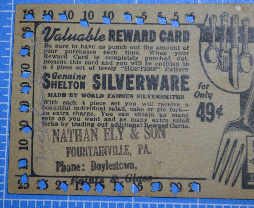 Nathan Ely & Son Fountainville PA Bucks County Reward Card Shelton Silverware