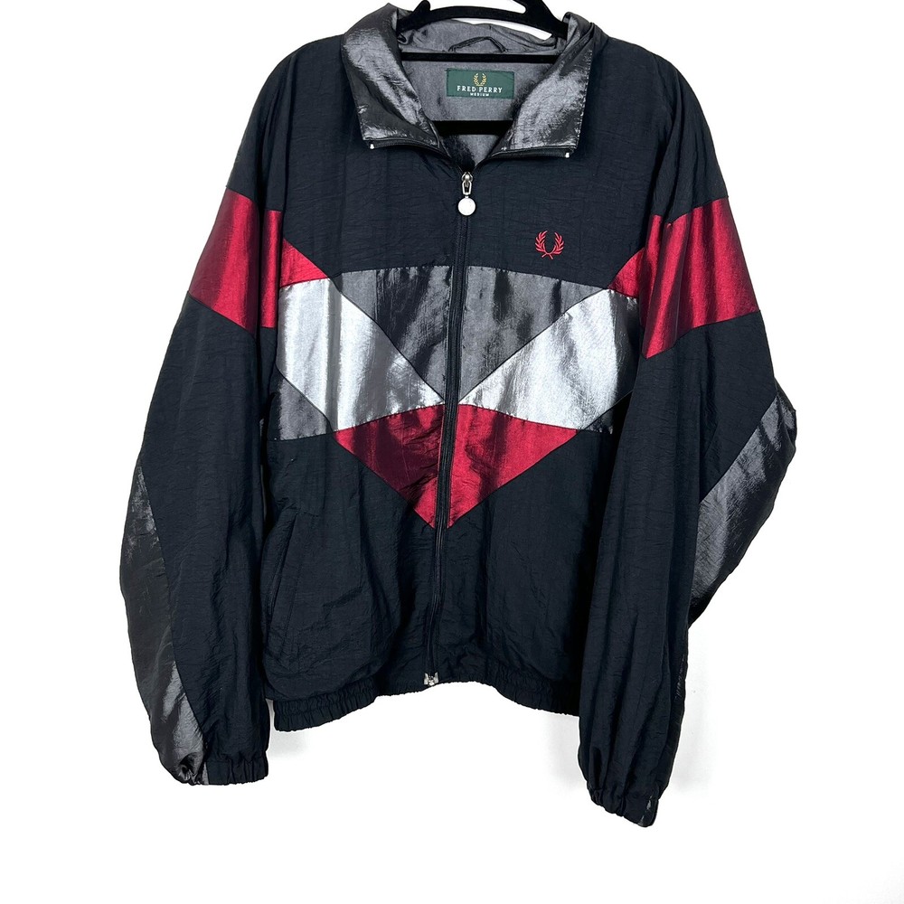 Fred Perry Men's Full Zip Lightweight Black Red Silver Bomber Jacket M Medium