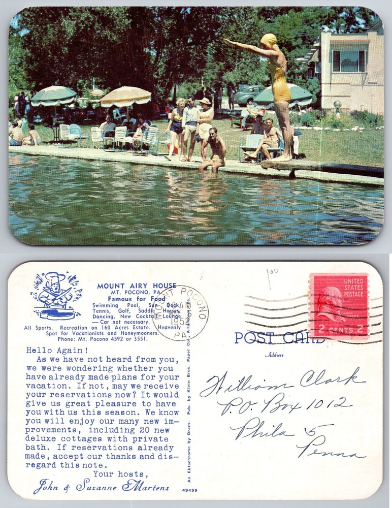 Vintage 1950s Mount Airy House Pocono PA Swimming Pool Diving Postcard