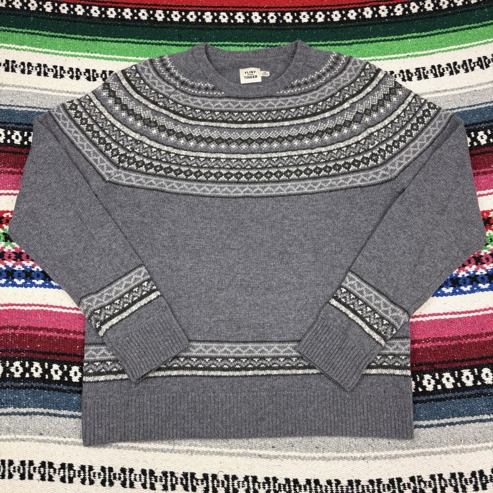 Flint And Tinder Mens M Fair Isle Gray Wool Crew Neck Sweater