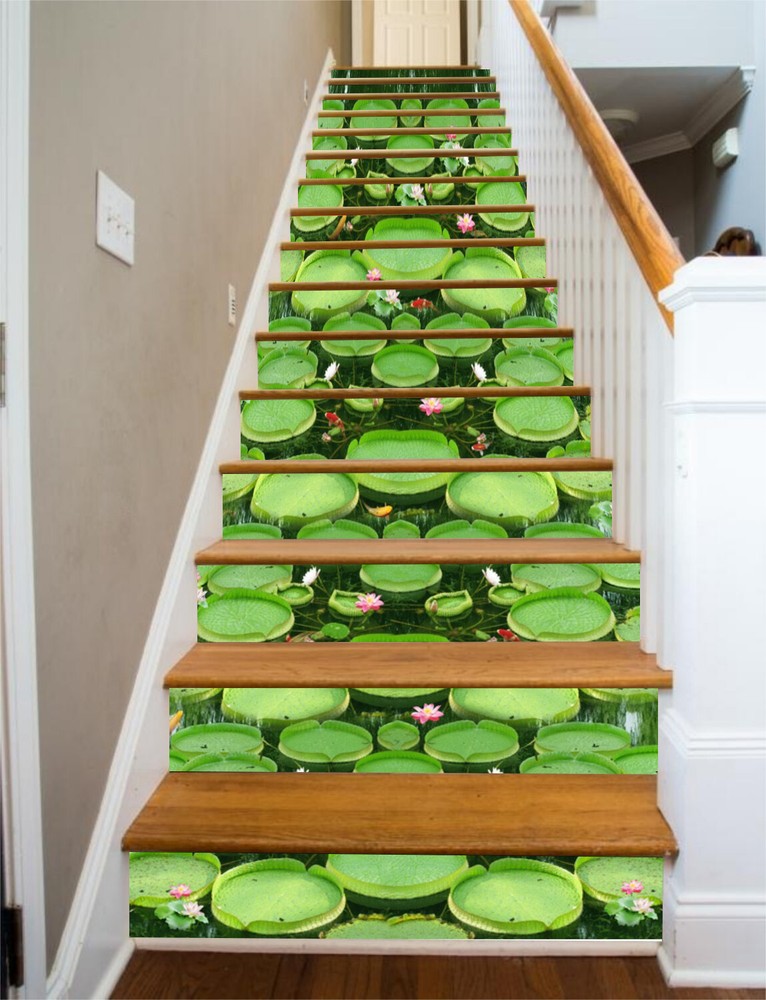 3D Green Lotus Leaf AZ390 Stair Risers Vinyl Wallpaper Mural Decoration
