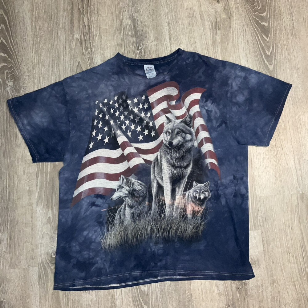 Vintage 2001 The Mountain Wolf USA American Flag Tie Dye T Shirt Mens Size XL