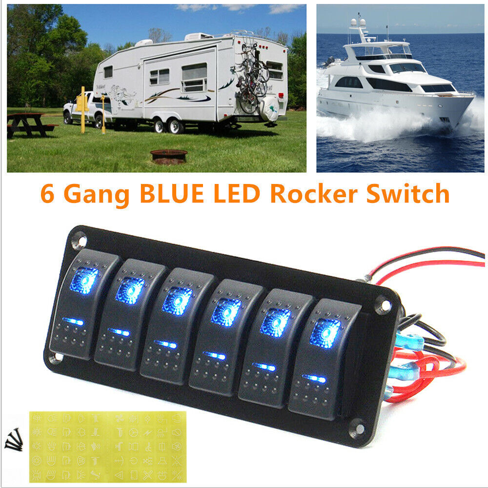 6 Gang LED Rocker Switch Control Panel Circuit Charger Car Truck RV Boat Marine