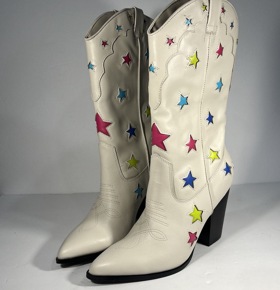 Steve Madden Luminous White Leather Stars Cowgirl Boots Size 9M No Box or Tag