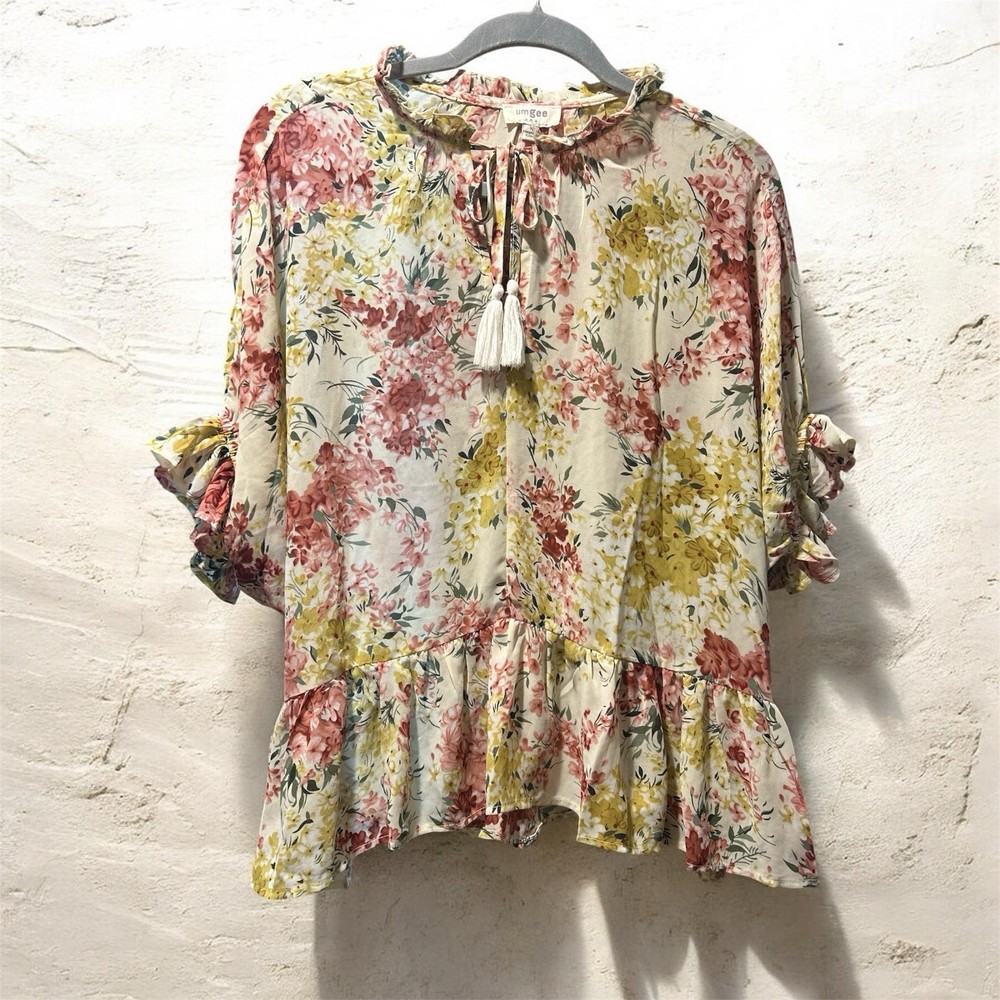 Umgee Boho Floral Split Neck Flutter Sleeve Top Medium