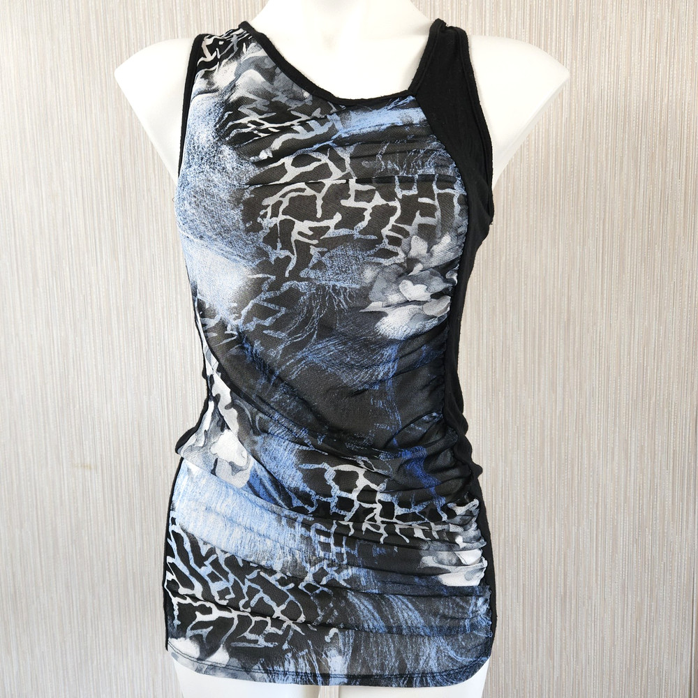 Abstract Sheer Tank Top Graphic Asymmetrical Ruched Black Blue Sleeveless Y2K-image