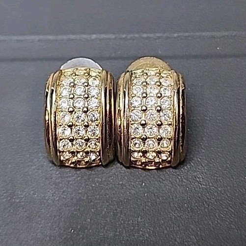 Vintage Signed Swarovski Gold Tone Pave Crystal Rhinestone Earrings