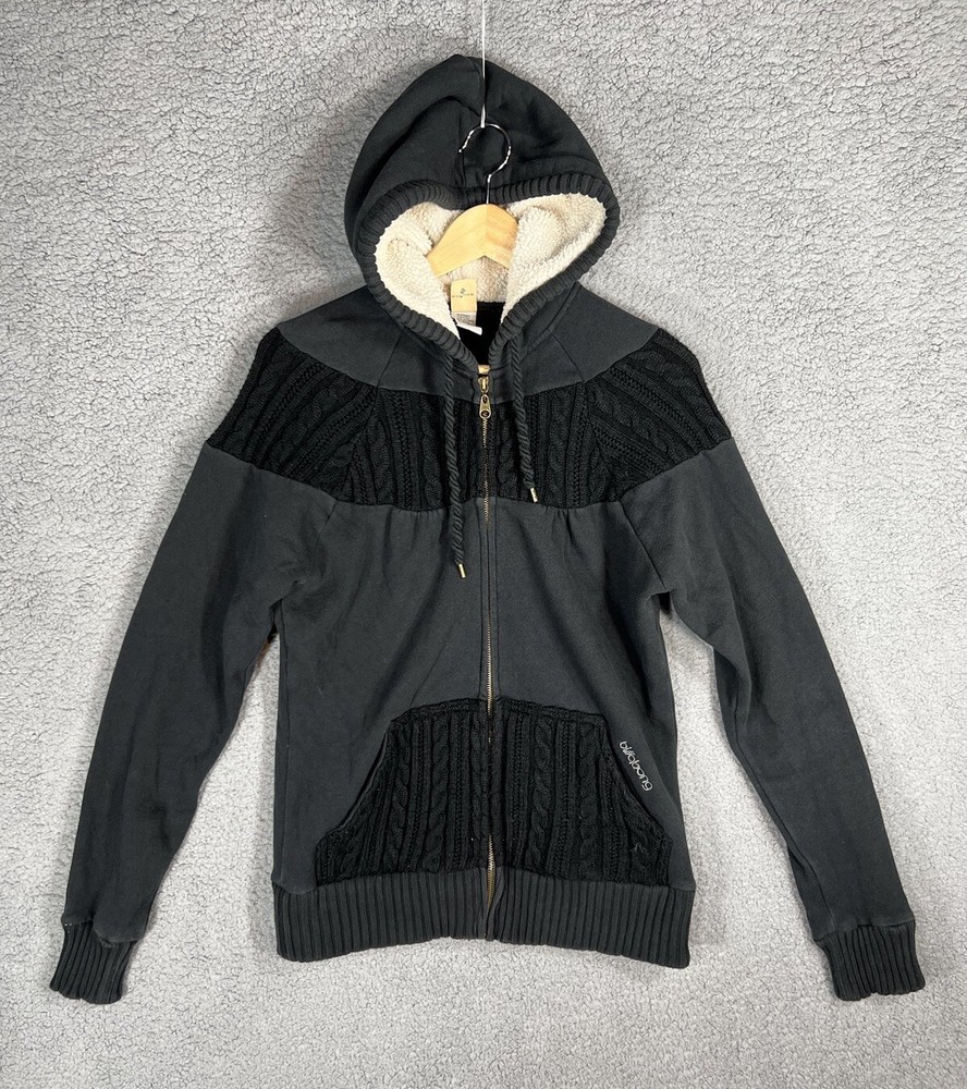 Vintage Billabong Hoodie Womens L Black Embroidered Full Zip Y2K Surf Skate Knit
