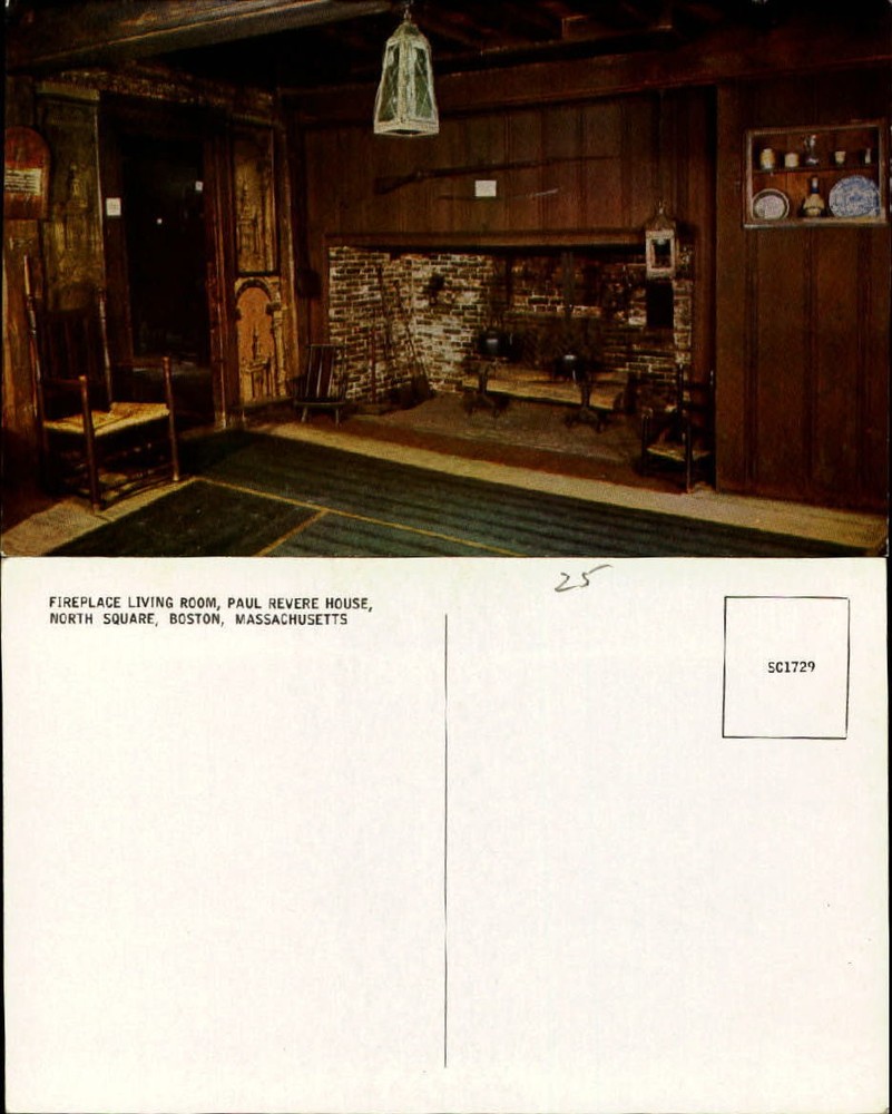 Fireplace living room Paul Revere house North Square Boston MA andirons unused