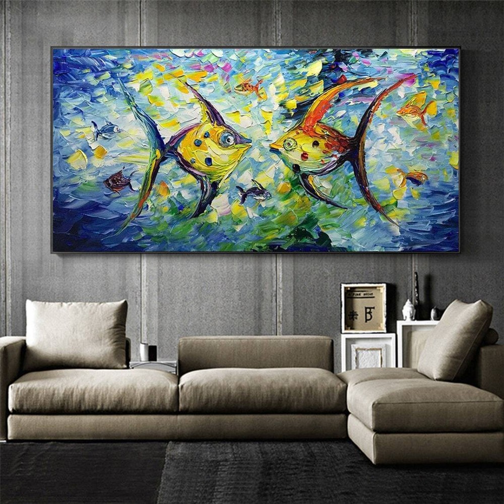 Abstract Ocean Landscape Oil Painting Handmade on Canvas Large Original Fish
