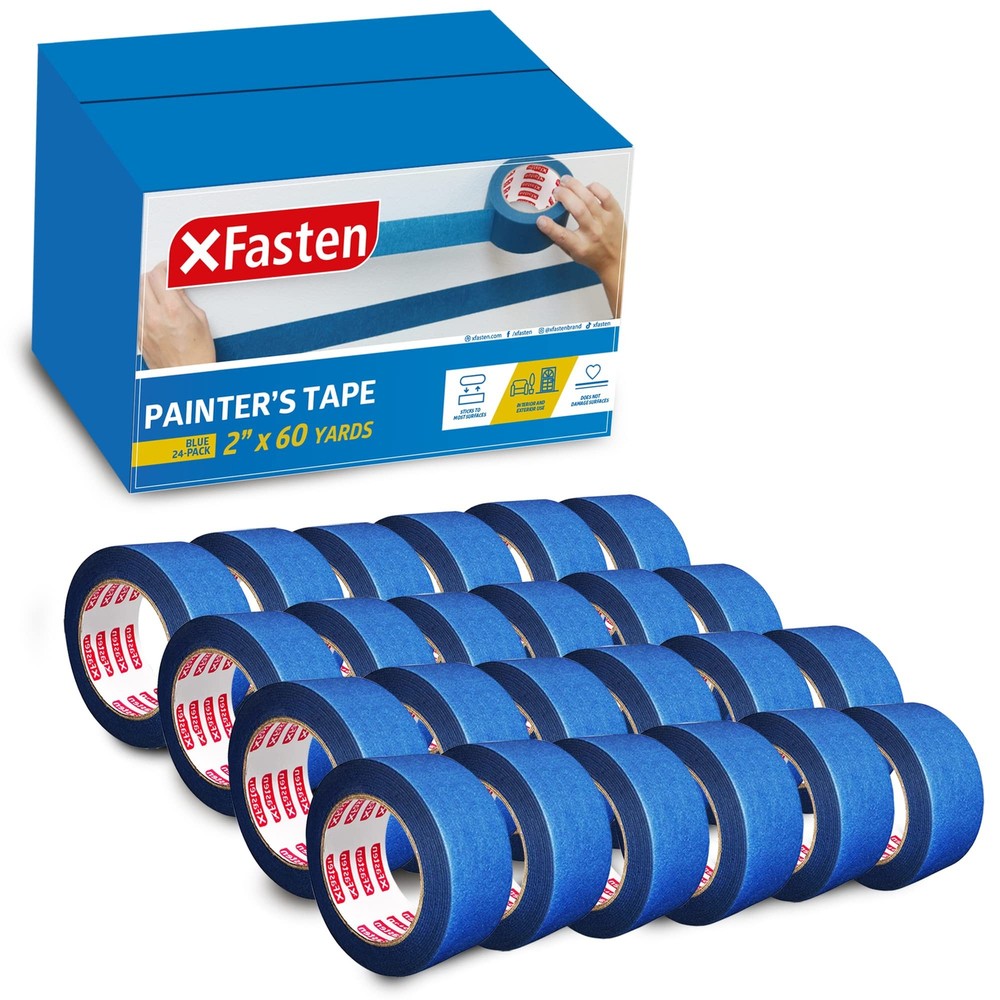 XFasten Blue Painter's Tape, 2 Inch x 60 Yards (24-Pack) Blue Painters Maskin...