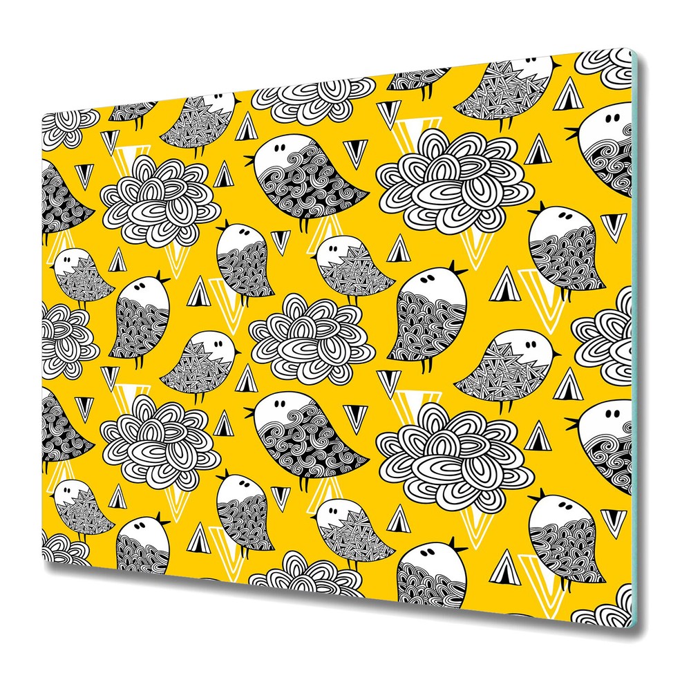 Glass Cutting Board Worktop Saver Doodle bird yellow and grey large 60x52