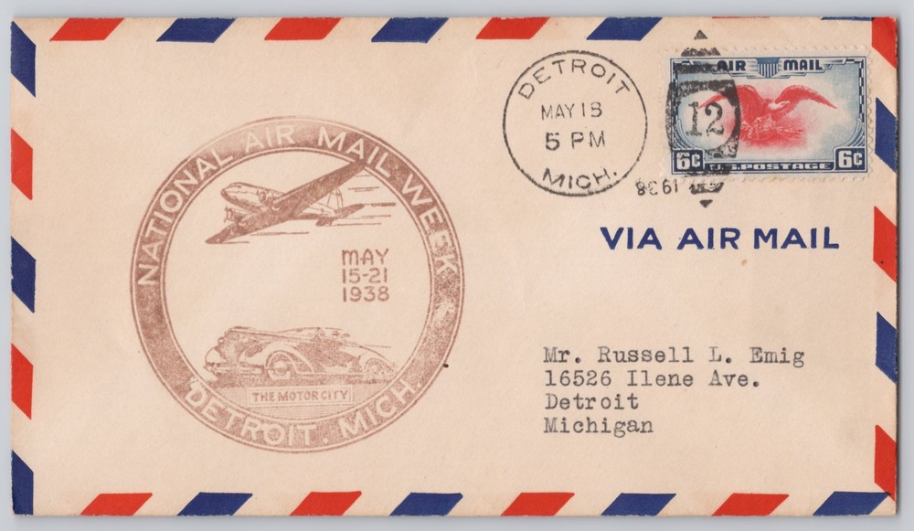 Detroit, Michigan National Air Mail Week, 6c airmail stamp, 1938
