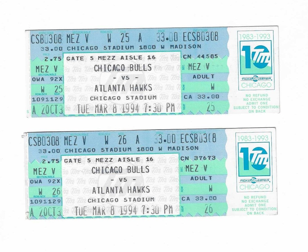 Chicago Bulls vs Atlanta Hawks Unused Basketball Tickets from 3/8/1994